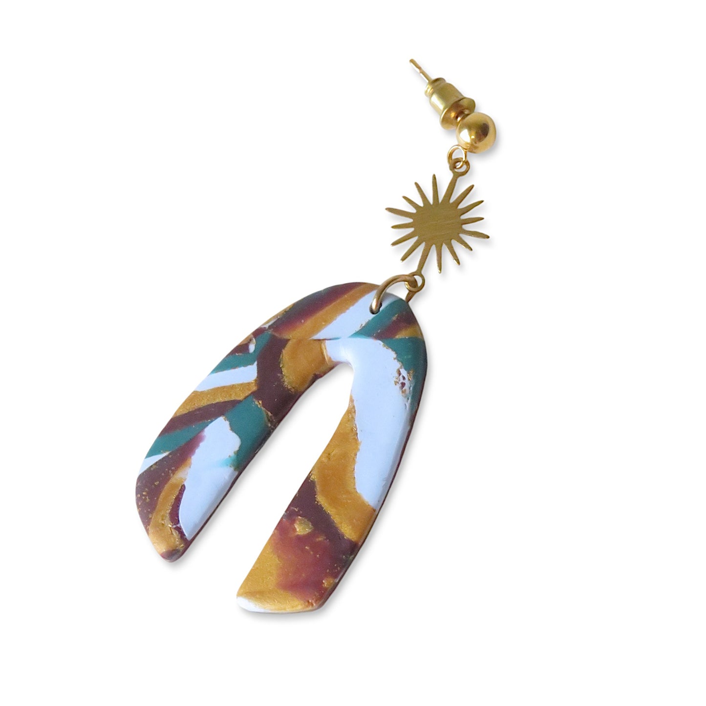 Pendientes largos amalgama en_azul pastel, verde petróleo, oro rico y rojo merlot.